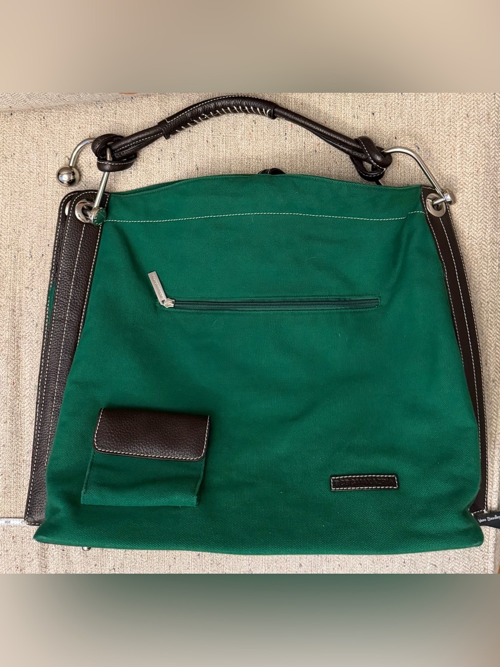 BCBGMaxAzria Green Canvas Messenger Bag with Dark Brown Leather Trim - Picture 1 of 11
